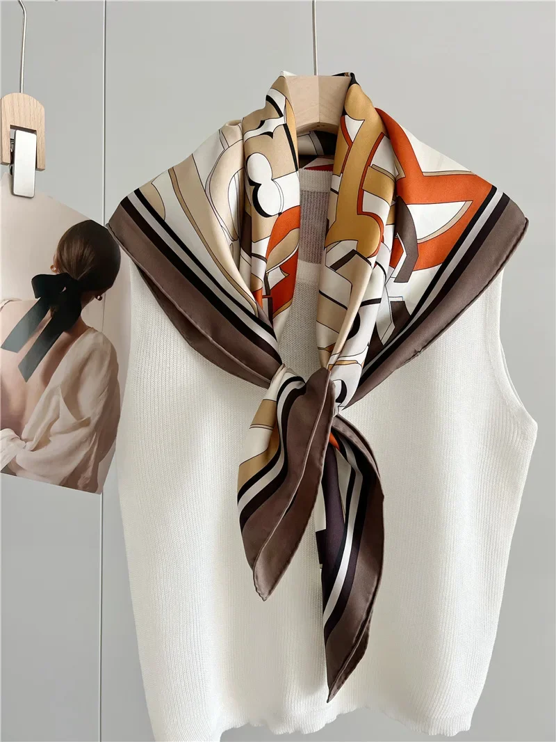 🎀 90cm Mulberry Silk Scarf with Letter Print - Twill Bandanas, Manual Designer Creation, Graceful Neck Sha