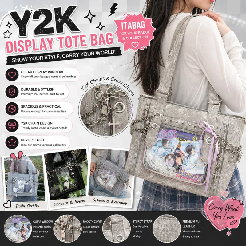 Gothic Y2K Punk Silver Denim Itabag Transparent Window Badge Display Chain Shoulder Tote Handbag Anime Girls Student Party Gift
