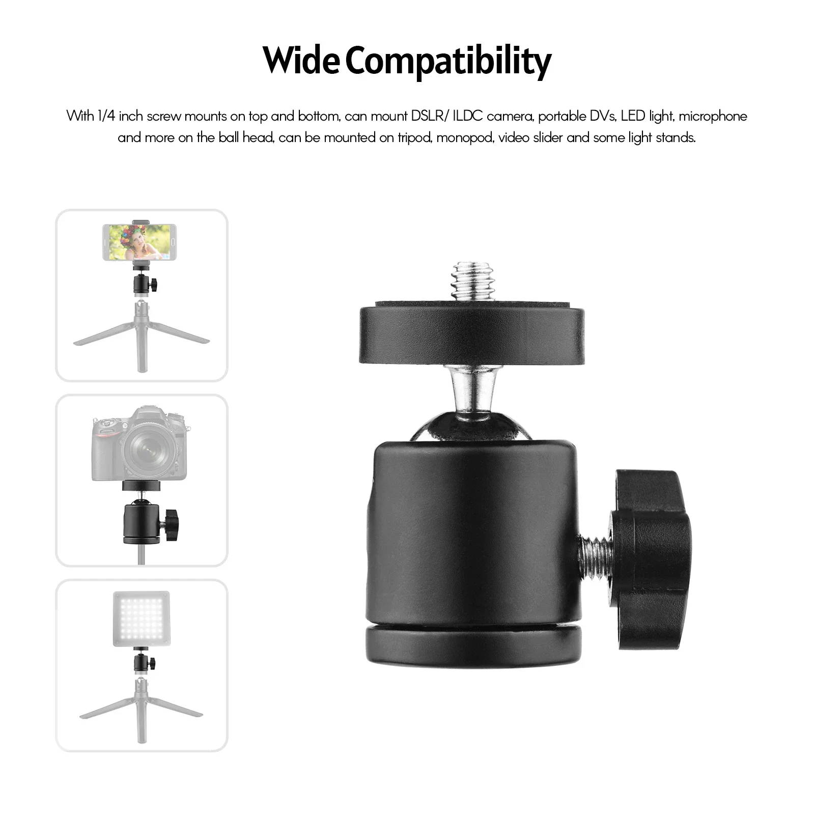 Mini Ball Head Tripod Head with Universal 1/4 & 3/8 Inch Screw Mounts for DSLR Cameras DV Flash Tripod Monopod Fill Light Sta