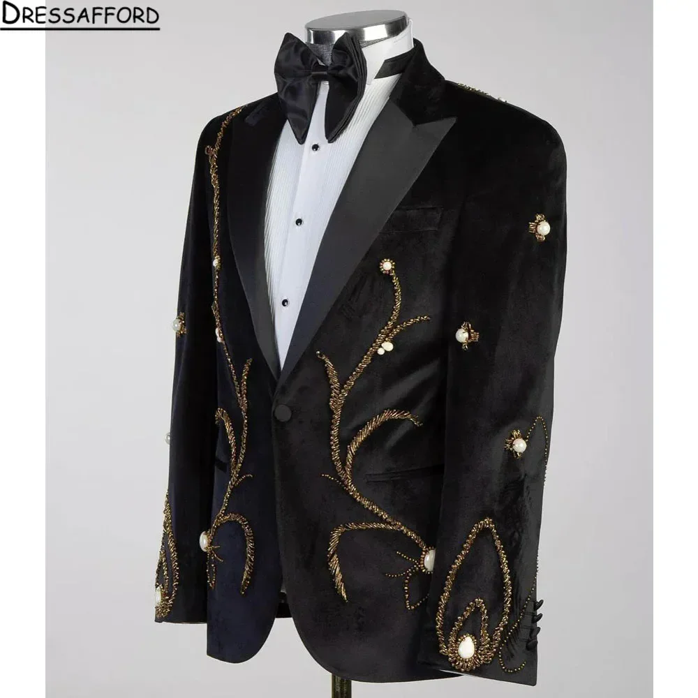 Black Men's Suits Fashion Velvet 2 Pieces Sets Groom Prom Blazers Gold Beaded Decoration Tuxedos Men