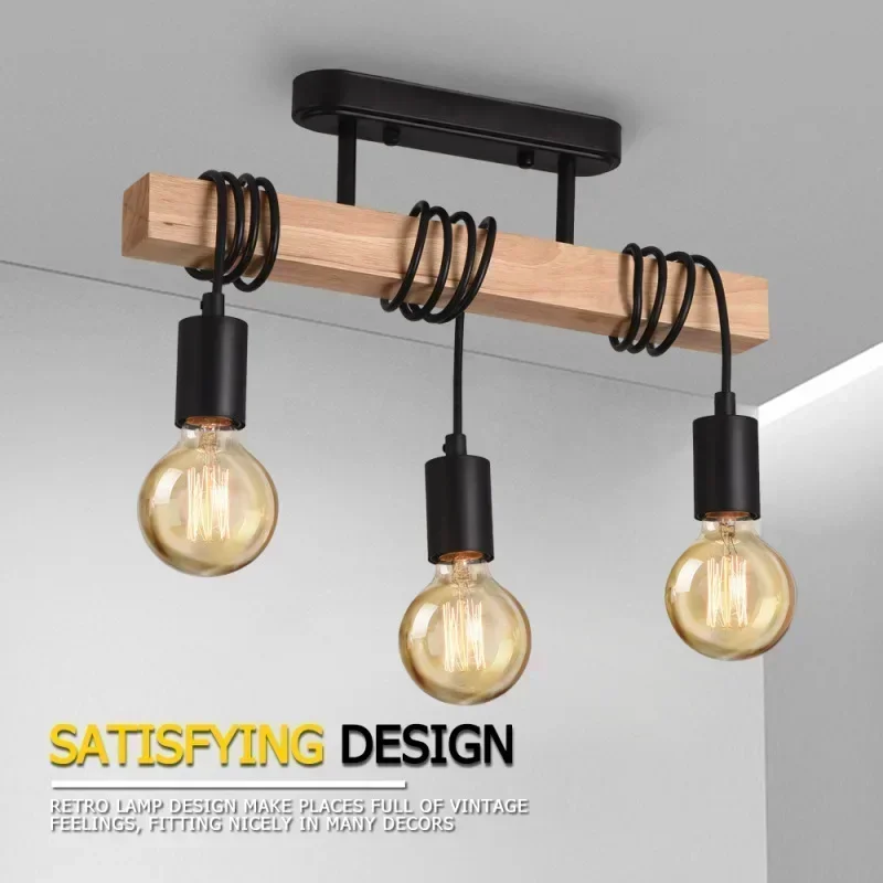 American Retro Wood Pendant Art Winding Suction Hanging Dual-use Lamps Living Room Dining Room Bedroom Chandelier Ceiling Light