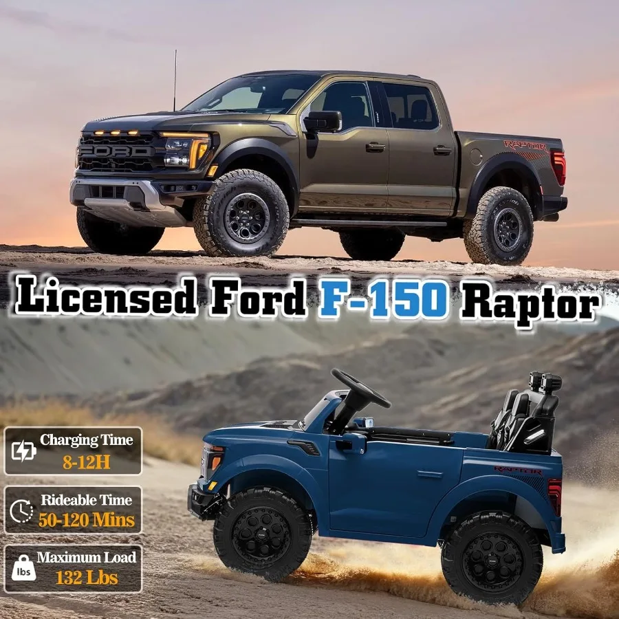 24V 전동차 라이선스 F-150 랩터 전기차 리모컨 포함 LED 라이트/음악/MP3 트럭 적재함 수납 3점식 안전벨트