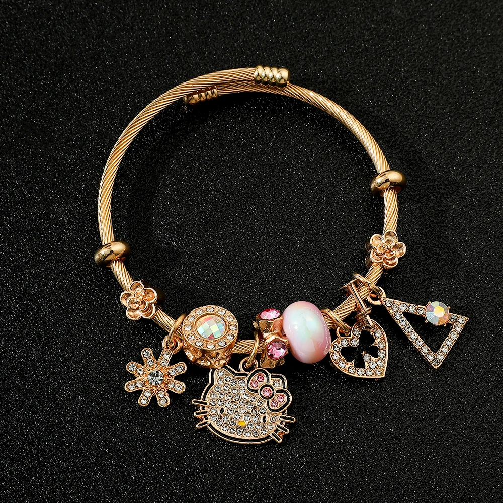 Sanrio anime dos desenhos animados hellokitty pulseira moda diy pingente incrustado moissanite acessórios popular kt gato coração pingente pulseira