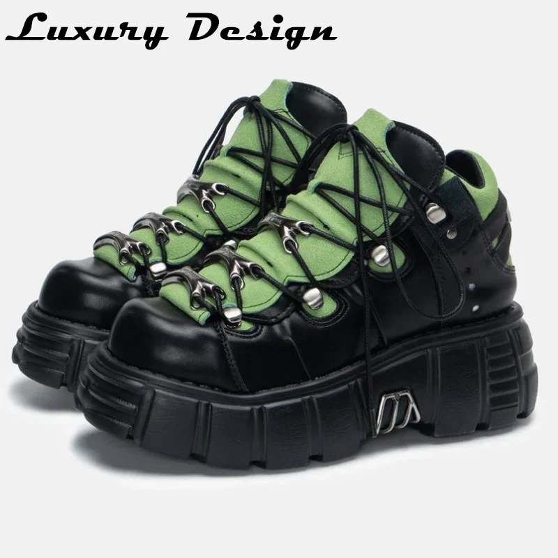 Punk Style Chunky Sneakers Women Gothic Lolita Shoe Metal Decor Lace Up Casual Shoes 6CM Thick Sole Flats Shoes Platform Trainer