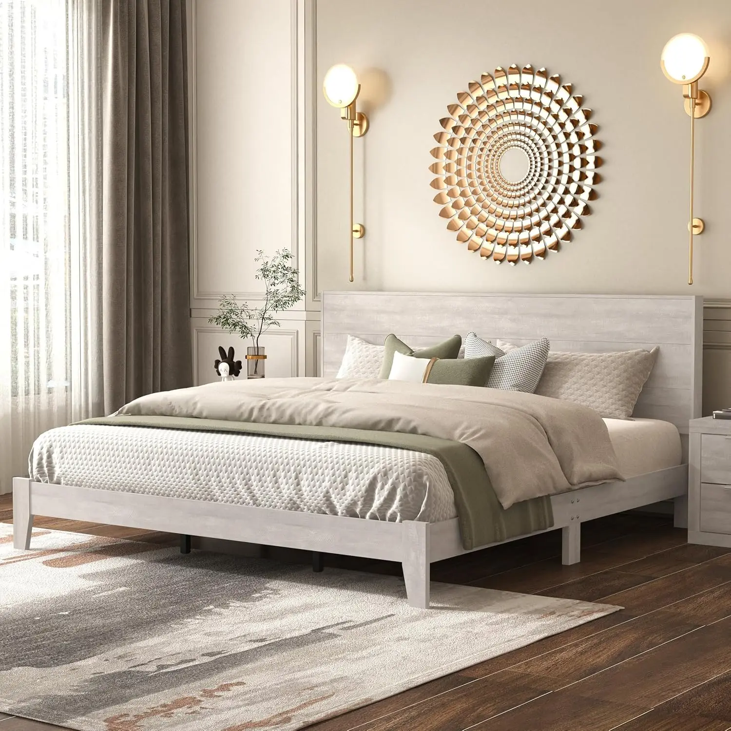 Estrutura de cama king com plataforma de madeira Galano Payne com cabeceira, cabe em base de colchão de 76 ''X 80 '' com suporte de ripas de madeira, sem caixa