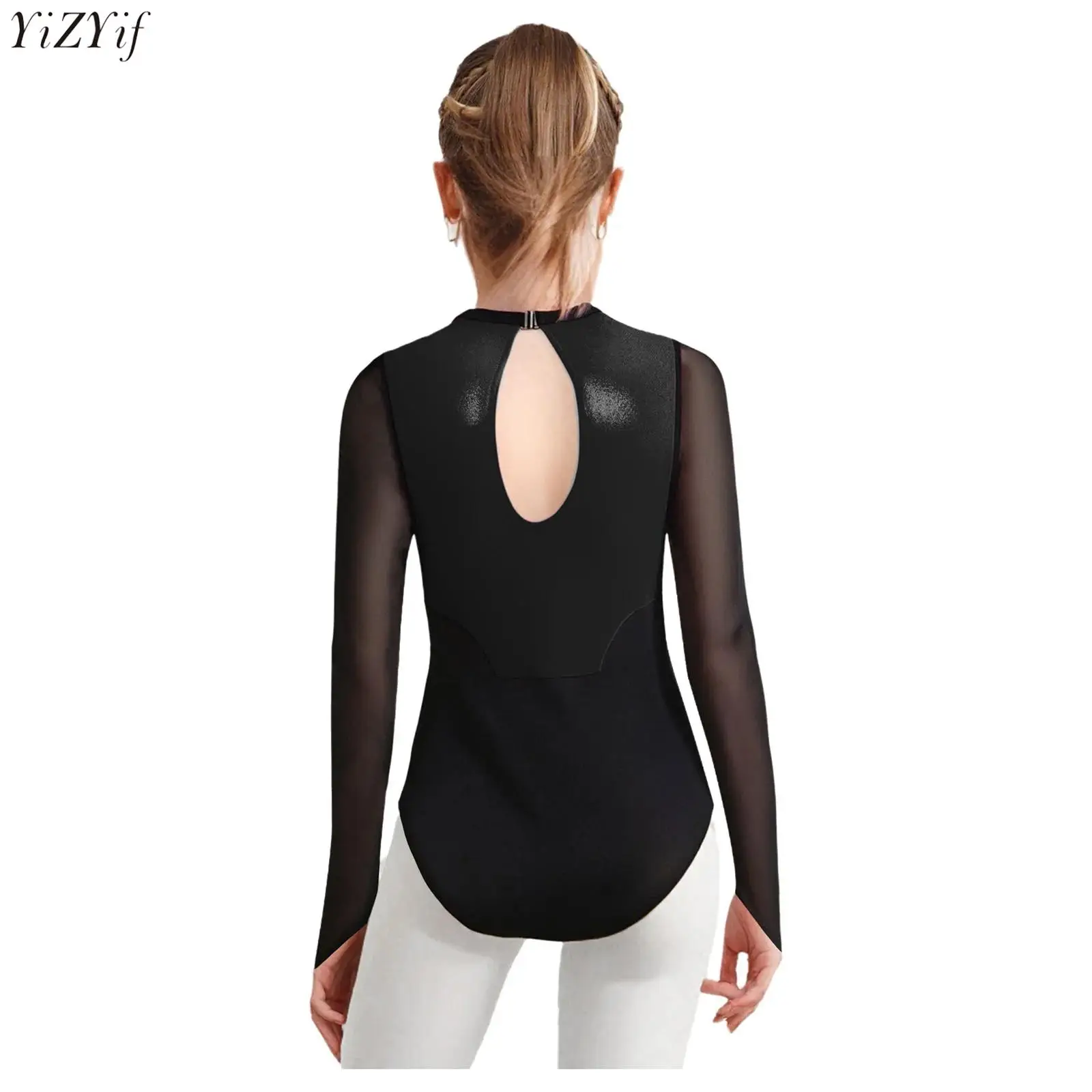 

Kids Girls Gymnastics Leotard Metallic Shiny Rhinestones Sheer Mesh Long Sleeves Keyhole Back Figure Skating Ballet Bodysuit