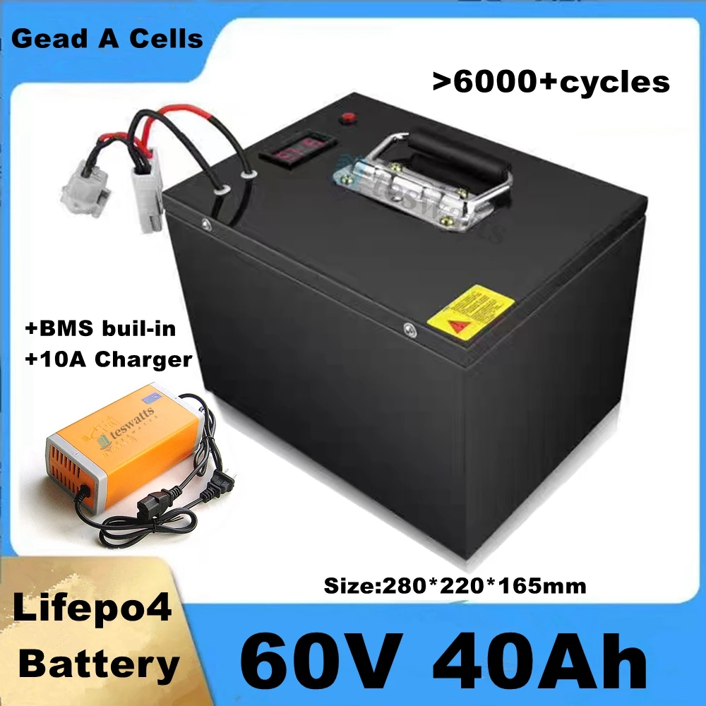 60V 40AH lifepo4 battery BMS 80A 3500w 4800W lithium bateria for scooter Inverter EV bike Touring car caravan + 10A charger