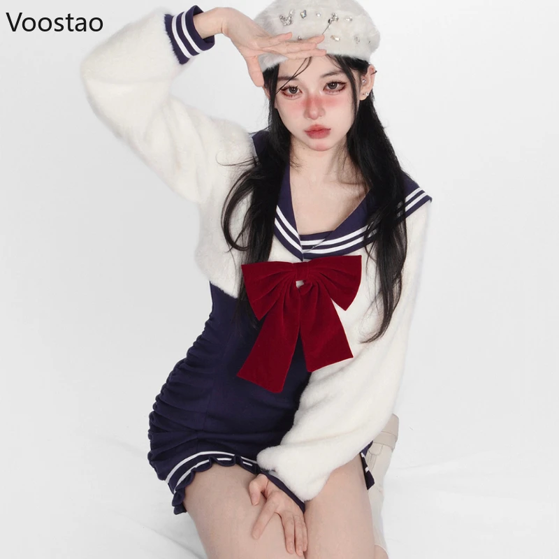 Japanese Sweet Lolita Dress Sets Women Kawaii Preppy Style Bow Sailor Collar Blouse Party Mini Dresses Autumn Winter Jk Uniform