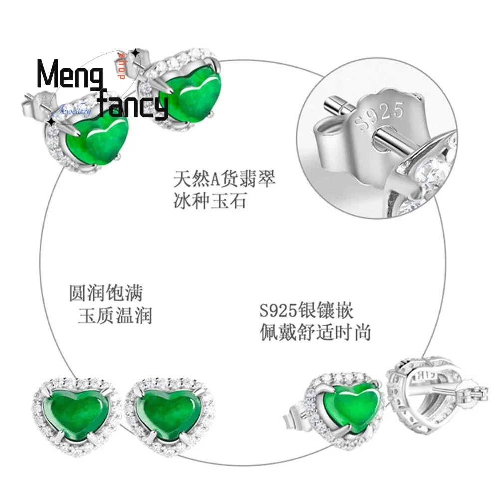 S925 Silver Inlaid Natural A-goods Jadeite Yang Green Heart-shaped Earrings High-grade Fashion Exquisite Elegant Luxury Jewelry