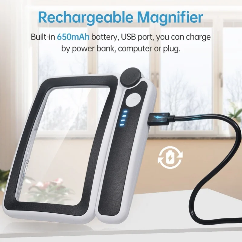 Handheld Magnifier 4X Magnifying Glass For Reading Full Book Page Newspaper Rectangular Magnifying Glass With Bright LED Lights