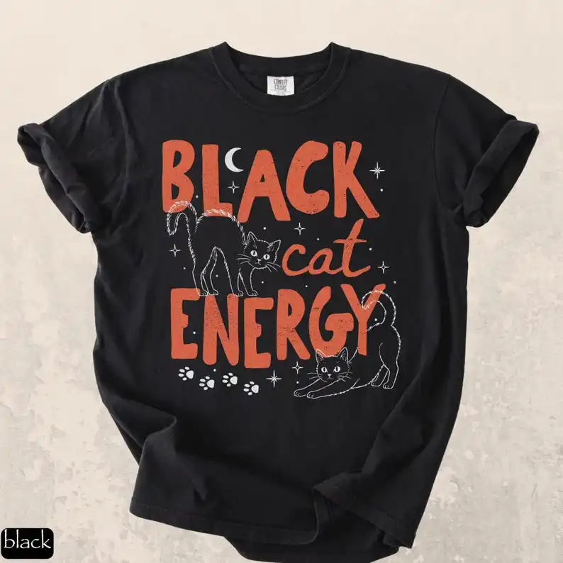 Black Cat Energy Boxy Tee Halloween Shirt Spooky Season Black Cat Shirt Fall Halloween Women Tee Trendy Halloween Shirt