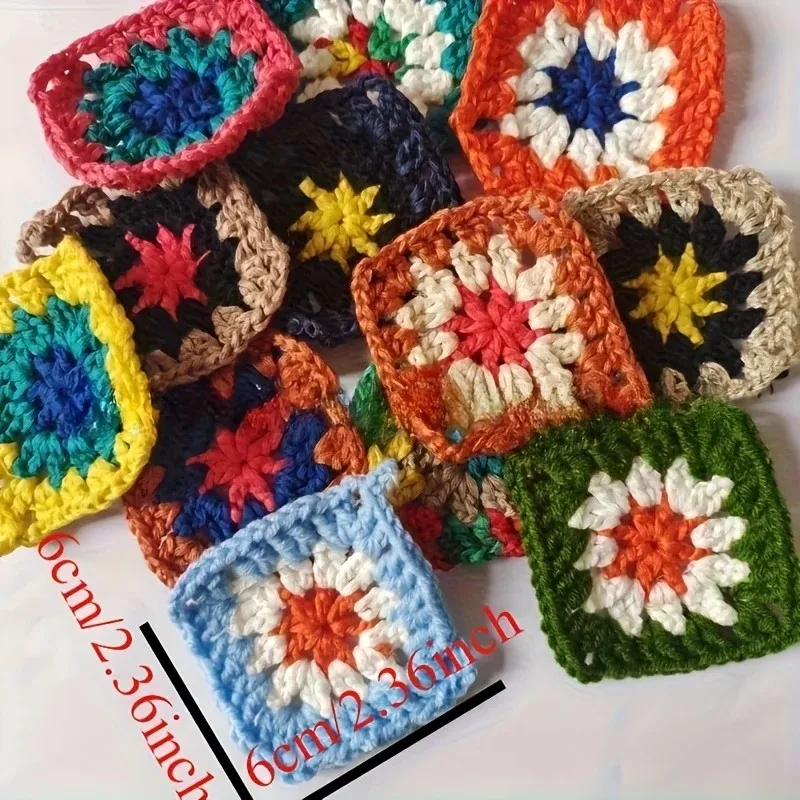 Posavasos, bolsos, mantelería, joyería DIY y prendas de vestir con diseño de flor cuadrada, hechos a mano con ganchillo y en colores variados.