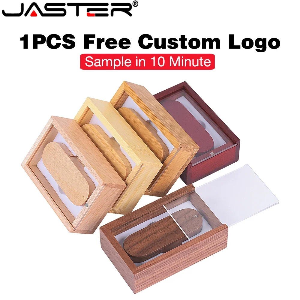 Transparent Lid USB Flash Drive 128GB Free Custom Logo Pen Drive 64GB Wood Box Memory Stick 32GB Creative Wedding Gift Pendrive