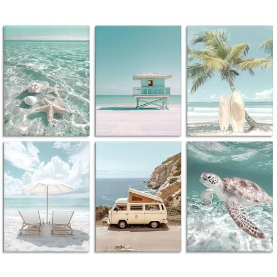 

Coastal Wall Art 6 Pcs y Sunny Days Nautical Mint Green Surfboard Canvas Artworks Tropical Print For Bedroom Living Room - Read