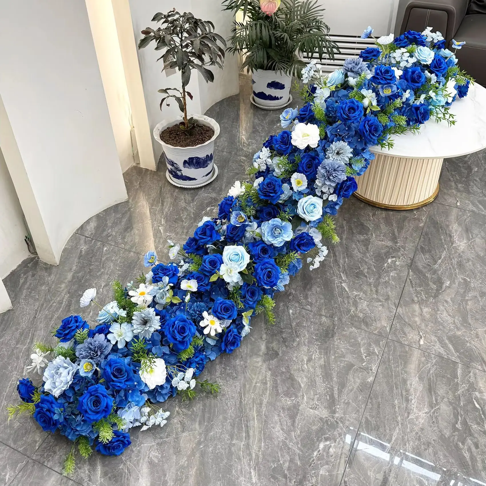 

Uflower Hydrangea Flower Row Blue Rose Wedding Backdrop Decor Floor Flower Runner Event Floral Arrangement Prop Floral Row