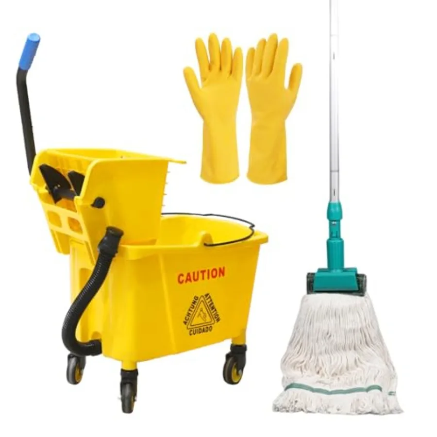 

Комбинированный коммерческий ведро-отжиматель для уборки с колесами, 35 кварт, желтый, включает коммерческую швабру и резиновые перчатки