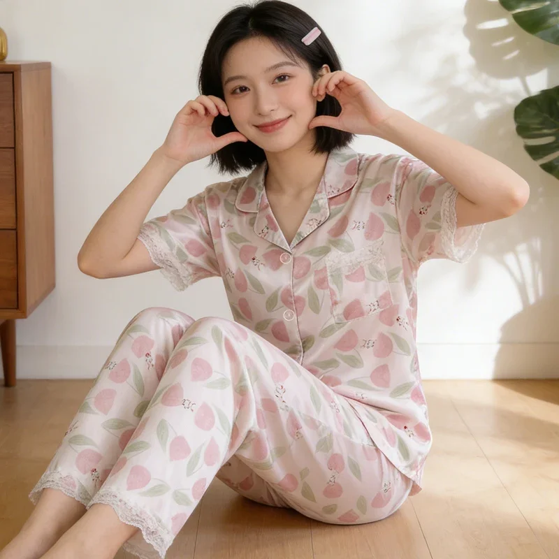 Ins Style Korean Version Sweet Peach Bunny Imitation Silk Sleepwear Short Sleeved Pants Home Suit Set Ladies Pajamas Homewear