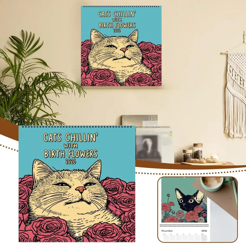 

2026 Cats Chillin with Coffee Wall Calendar Large Font Hangable Planner Cute Style Home Office Decor Cat Lovers Gift