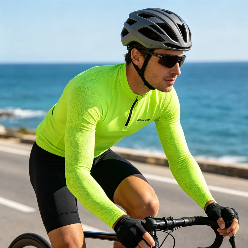 Summer Men's Long Sleeve Cycling Jersey, Half Zip Breathable Mesh Bike Shirt, Fluorescent High Visibility Road Biking Top view 4