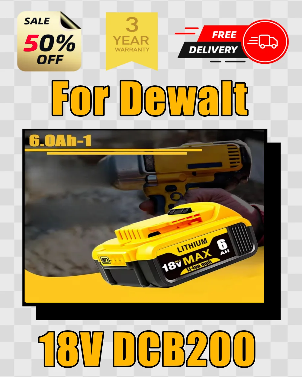 

Original DCB200 20V 6.0Ah Lithium Replacement Battery For Dewalt 18V DCB184 DCB200 DCB182 DCB180 DCB181 DCB182 DCB201 DCB206