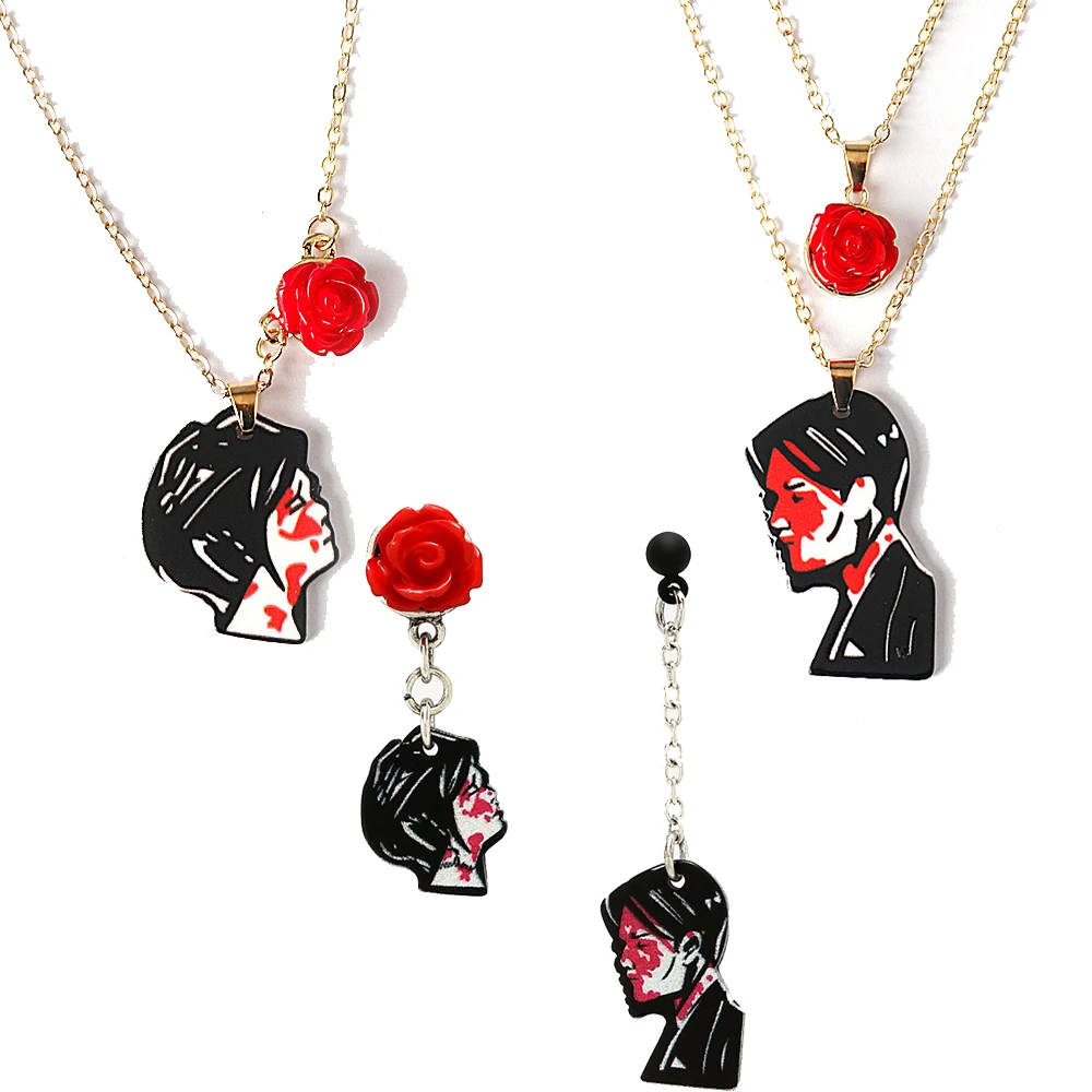 Rock Band My Chemical Romance Earrings MCR Three Cheers Couple Mismatch Necklaces Rose Flower Double Layer Necklace Jewelry