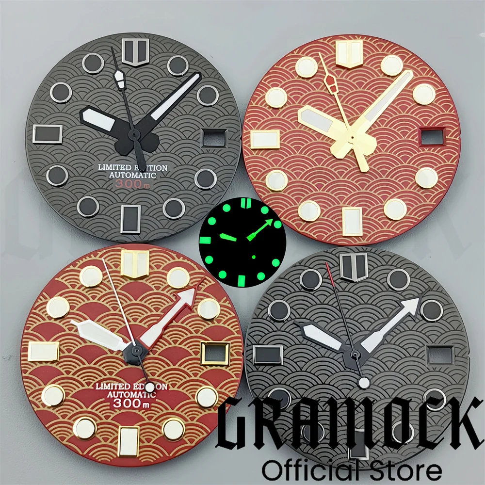 Gramock 28.5mm Black Red Fishscale Watch Dial With Hands C3 Super Green Luminous For NH35 NH36 Movement Watch replacement parts