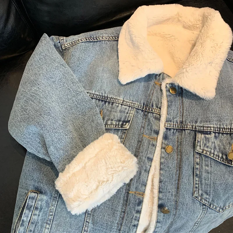 

Denim Jacket Women Plus Velvet Thick Lamb Hair Loose Short New Women's Clothing Women Jacket Winter