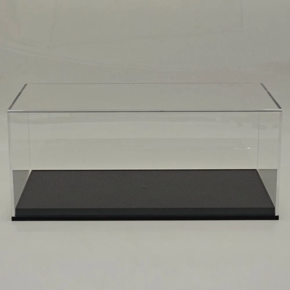 Scatole acriliche espositore supporto trasparente antipolvere con base nera in fibra di carbonio per modello di auto in scala 1/18