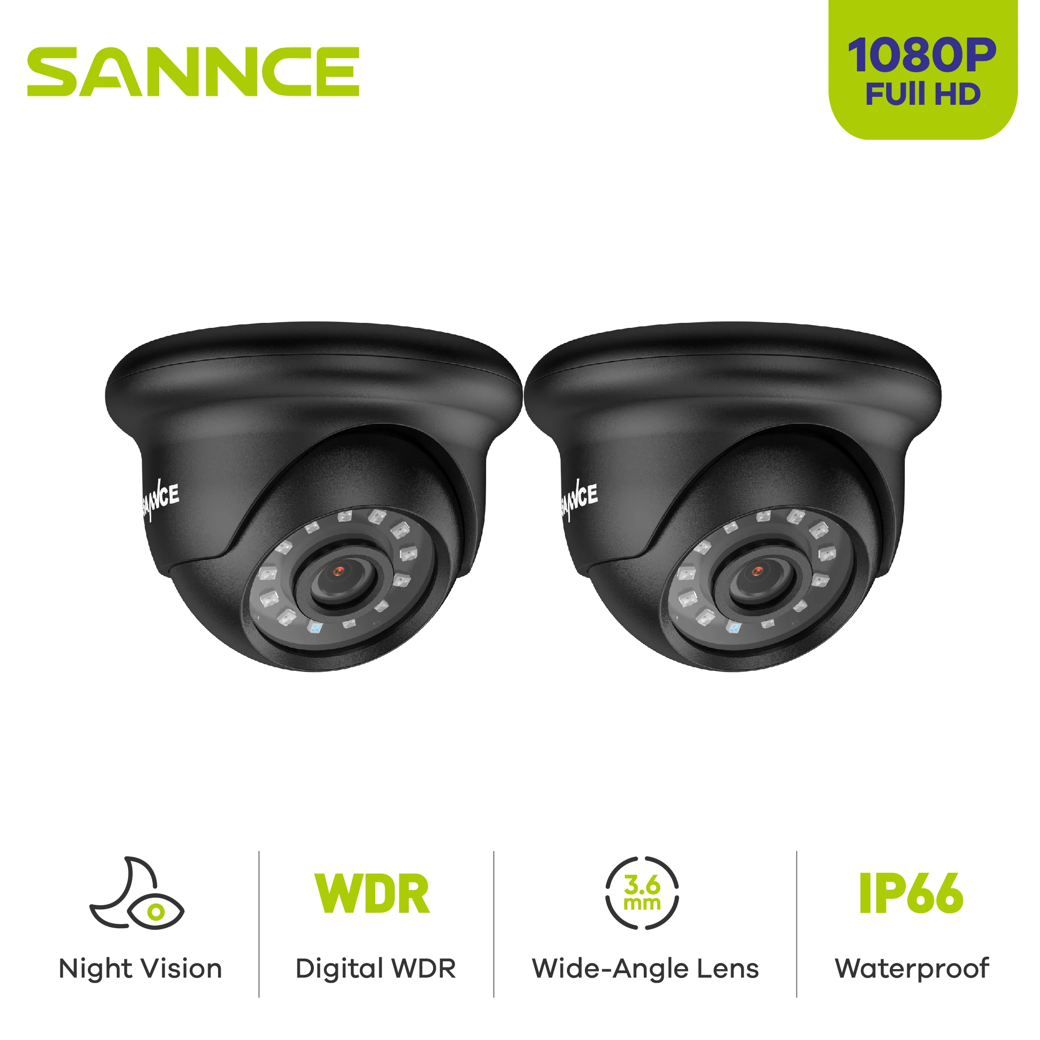 

SANNCE 2pcs AHD 1080P HD 2.0MP CCTV Security Cameras H.264 Waterproof Indoor/ Outdoor Dome Surveillance Cameras set Black Color