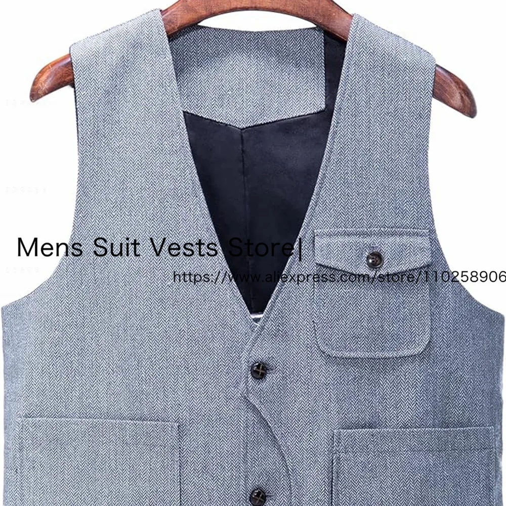 Men's Formal Business Suit Vests Wool Slim Fit Single Breasted Herringbone Tweed Western Waistcoat  For Wedding