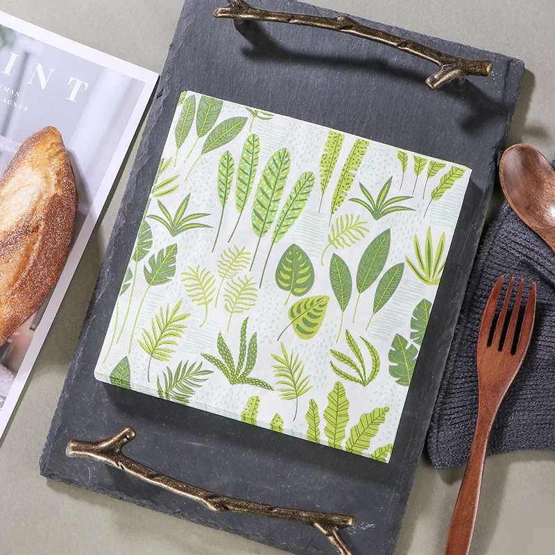 20 Buah Serbet Cetak Gaya Cina Serbet Kertas Decoupage Meja Tanaman Hijau Tisu Kertas Serbet untuk Perlengkapan Pesta Pernikahan