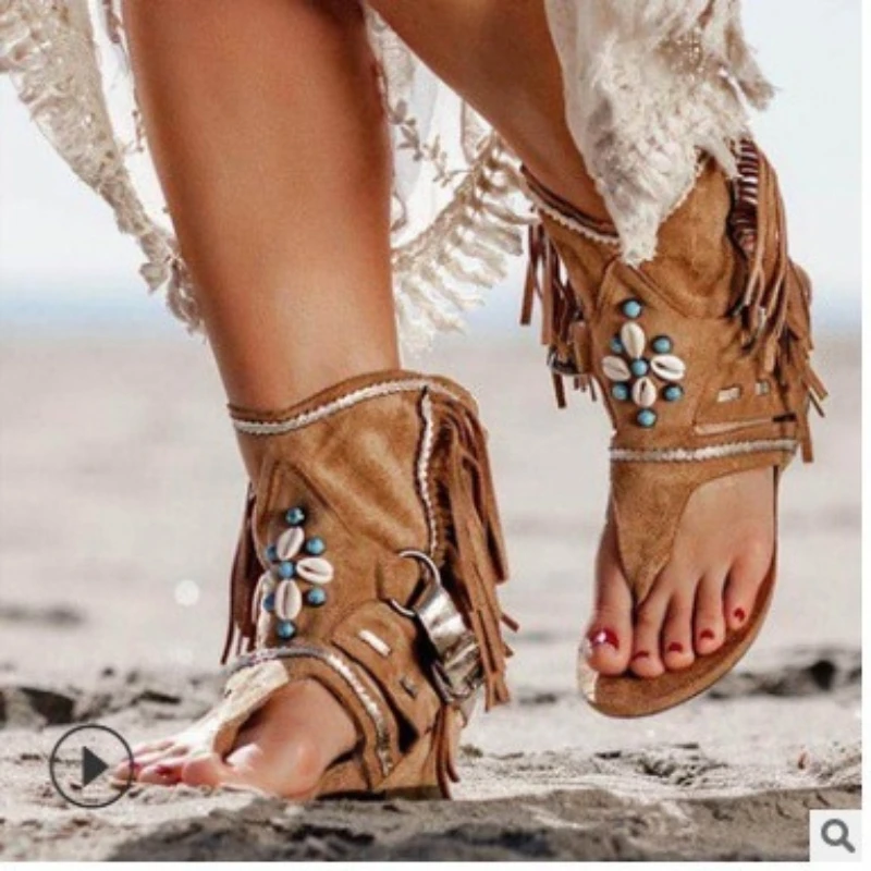 Plus Size Women's Bohemian Fringe Gladiator Sandals 2026 Summer Beaded Shell Flip Flops Ankle Strap Beach Shoes