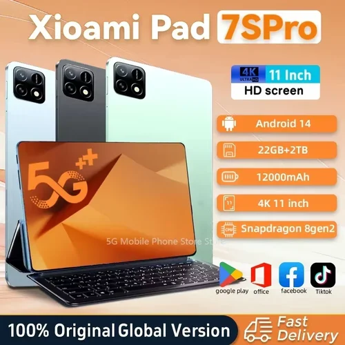 오리지널 글로벌 에디션 태블릿 PC 패드 7S 프로, 안드로이드 14 OS 스냅드래곤 8gen2 칩, HD 4K 비주얼, 22GB + 2TB 용량, 신제품 