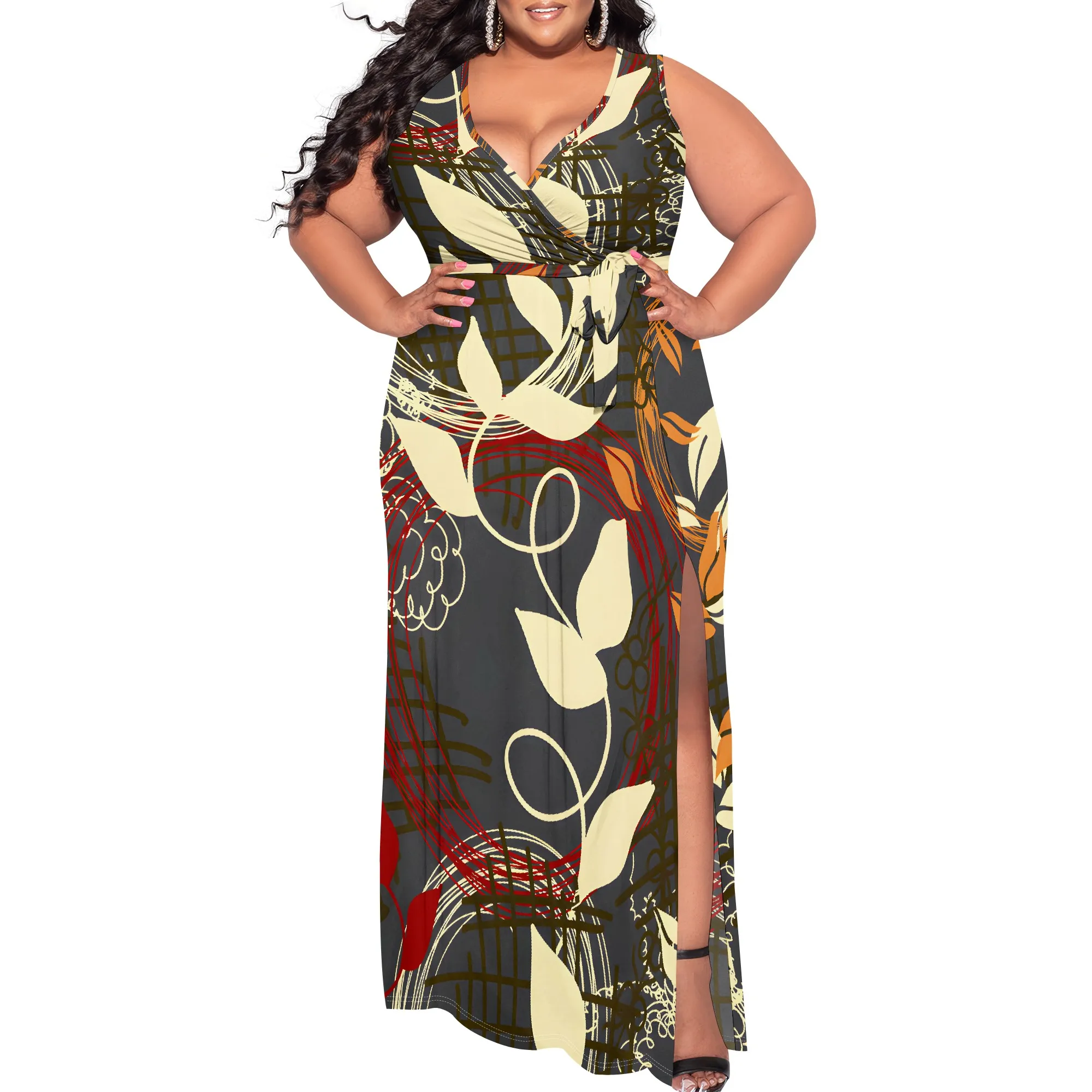 Plus Size Womens Sexy Casual Dresses for Curvy Women 3D Printed halterneck V Neckline Short Sleeve Loose High Vent Maxi Dress