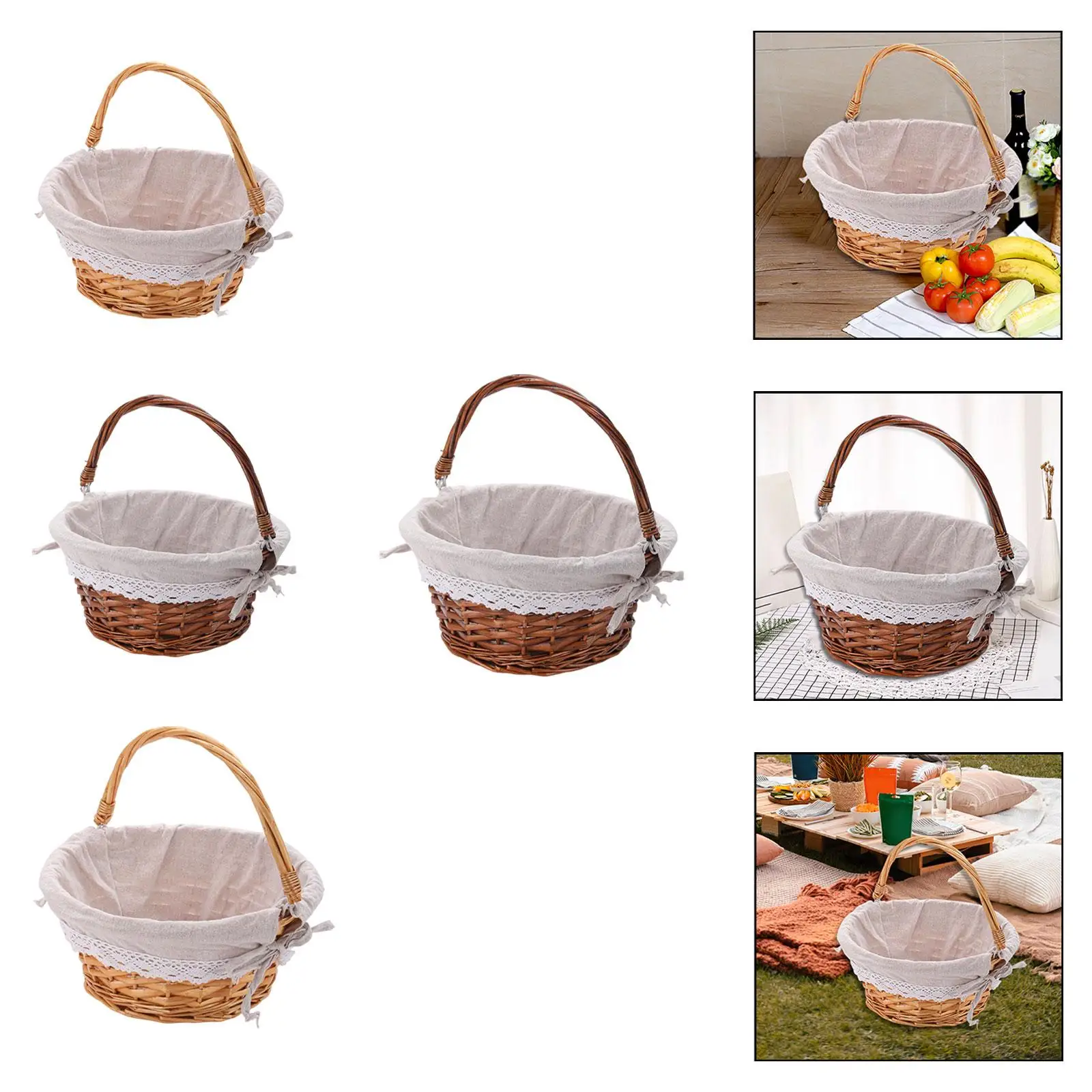 

Classic Straw Basket Organizer Round Wicker Picnic Fruit Bin with Handle for Home Garden Holiday Display