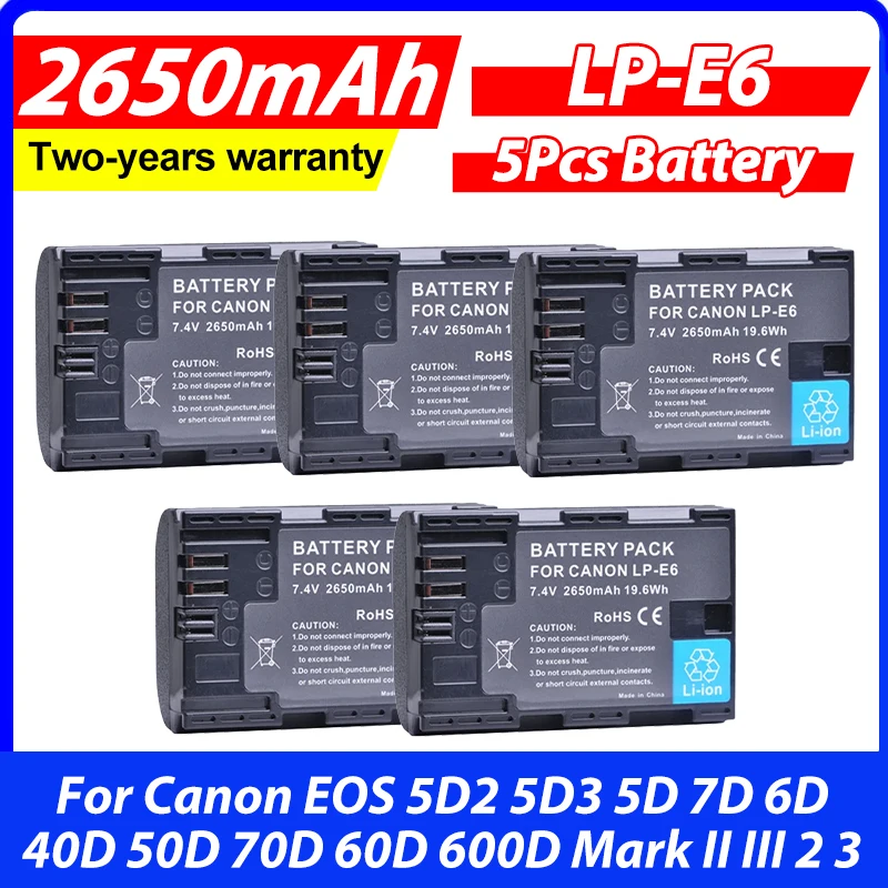 5Pcs 2650mAh LP-E6 LP E6 LPE6 Rechargeable Camera Batteries for Canon EOS 5D2 5D3 5D 7D 6D 40D 50D 70D 60D 600D Mark II III 2 3