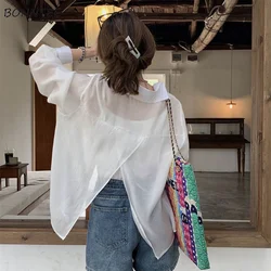 6 Colors Shirts Women Sun-proof Thin Back-slit Sheer Beach Style Casual Breathable Loose Ulzzang Vacation Summer Popular Simple