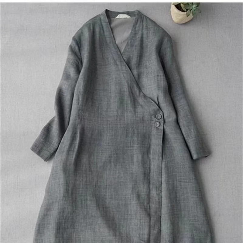 Vestido taoísta chino para mujer, camisa con cuello en V, botones abiertos, manga de nueve cuartos, disfraz artístico de incienso de té Zen Vintage, novedad de 2024