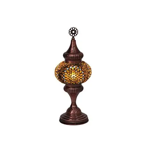 LaModaHome English Moroccan Handmade Mosaic Glass Table Lamp Light with Decorative Polished Copper Fixture for Bedroom, Livingro