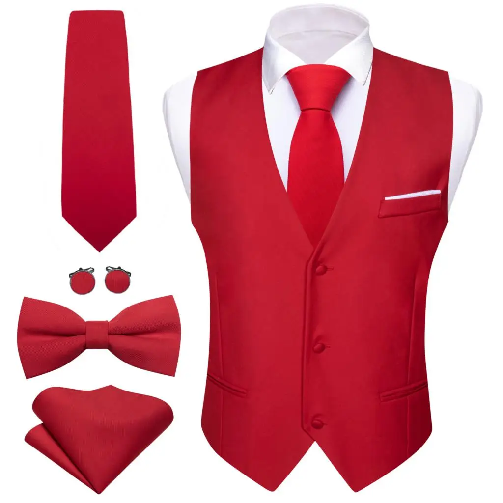 Chaleco de satén de seda para hombre, conjunto de pañuelo y pajarita, chaqueta sin mangas, traje Formal de boda, rojo, sólido, de lujo, Barry Wang