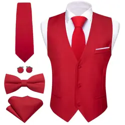 Luxury Red Solid Vest for Men Silk Satin Waistcoat Bowtie Tie Hanky Set Sleeveless Jacket Wedding Formal Male Suit Barry Wang