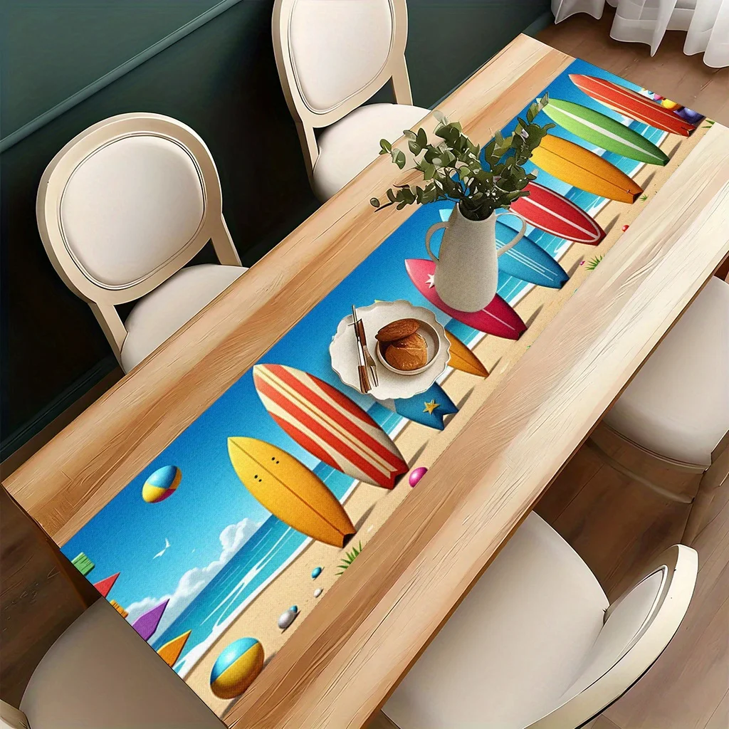 1pc of 2D Printed Table Flag, Surfboard And Directional Sign, Vibrant Polyester Fabric, Rectangular Festive Tablecloth