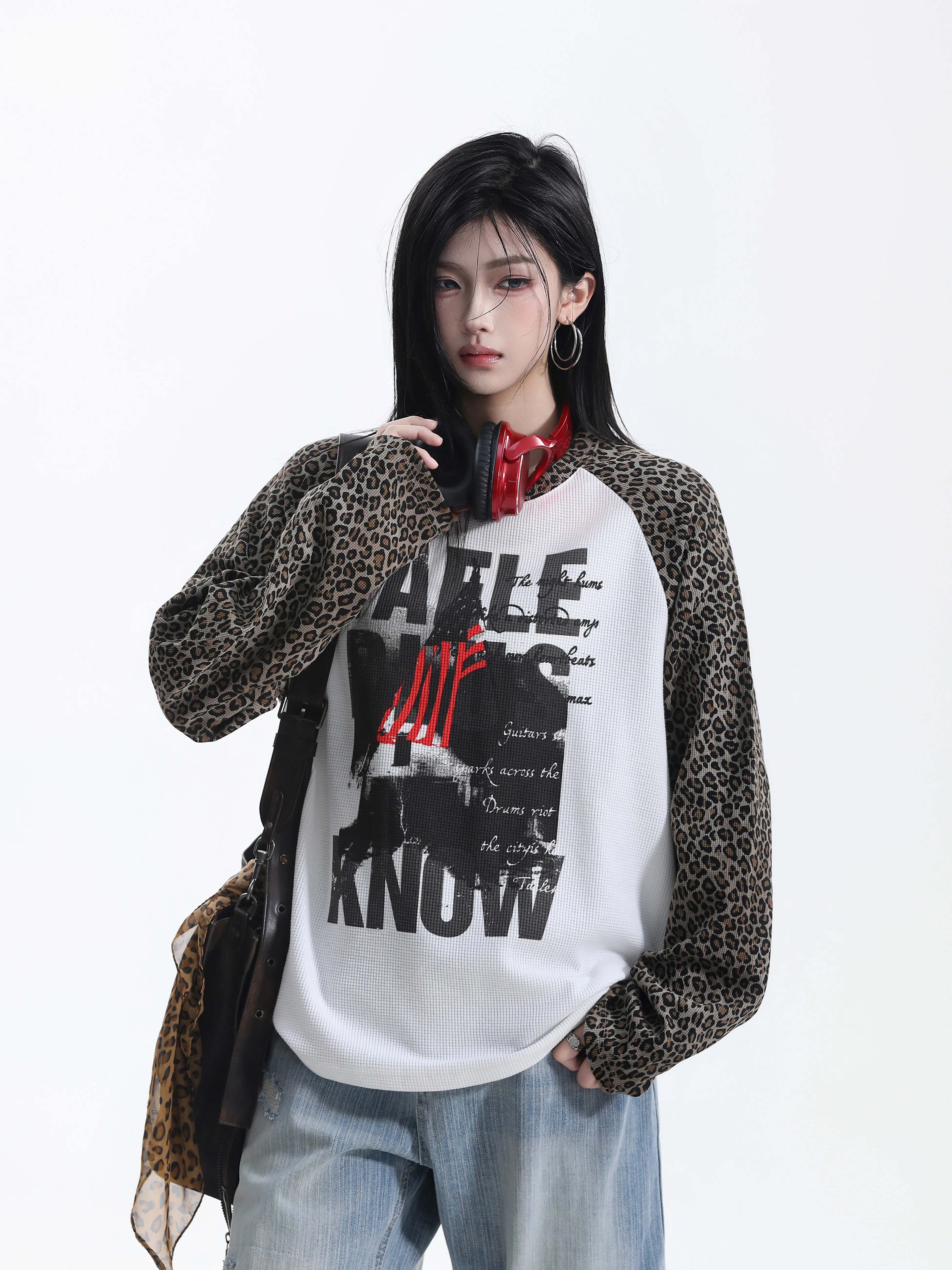 Long Sleeve T-Shirt Women's Letter Print Street Style Color Block Neutral Wind Ball Leopard Pattern Cotton Polyester Blend Au...