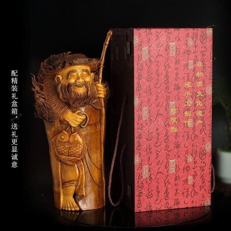 Solid bamboo root carving fishing fisherman ornament antique home decoration tea room
