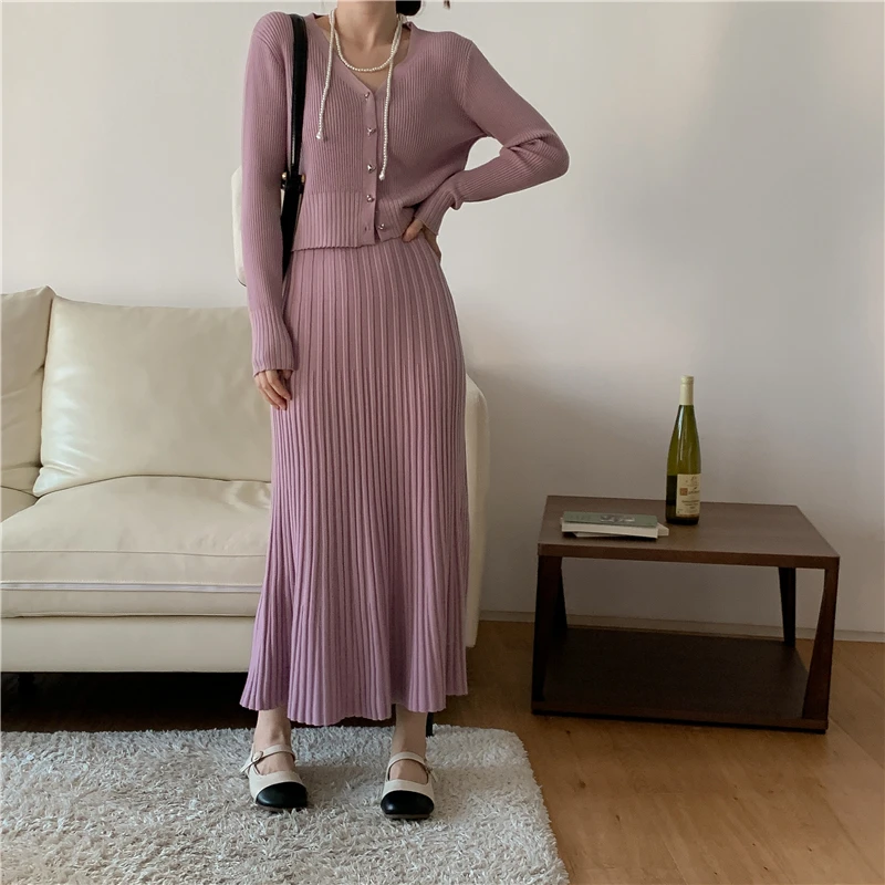 Autumn Winter Knitted Two Piece Skirt Set Women Elegant V Neck Single Breasted Top Midi Skirt Set Vintage Party Suit Outfit Chic