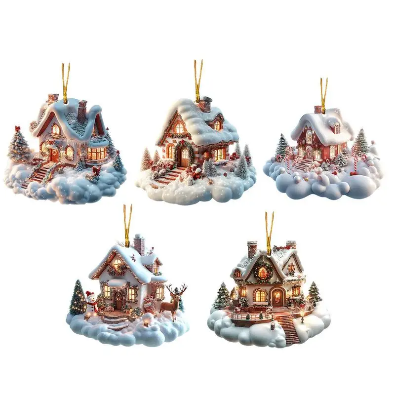 Christmas Small Village House Pendant Creative Winter Snow House Xmas Tree Hanging Ornament 2025New Year Gift Home holiday Decor