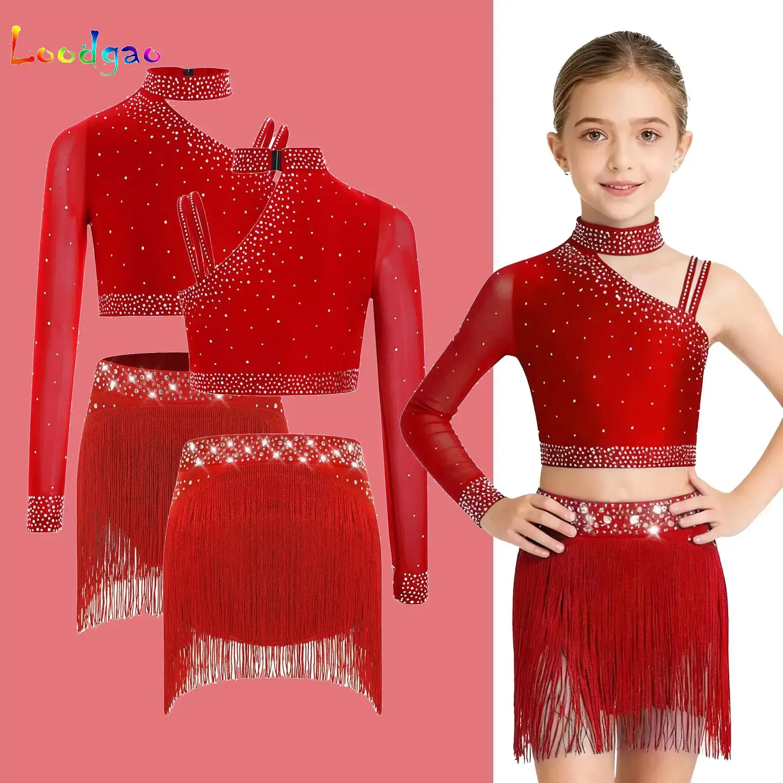 

Girls Latin Dance Costume Sparkly Rhinestones Ballet Modern Lyrical Dance Tops Skirt Set Figure Skating Performance Outfits