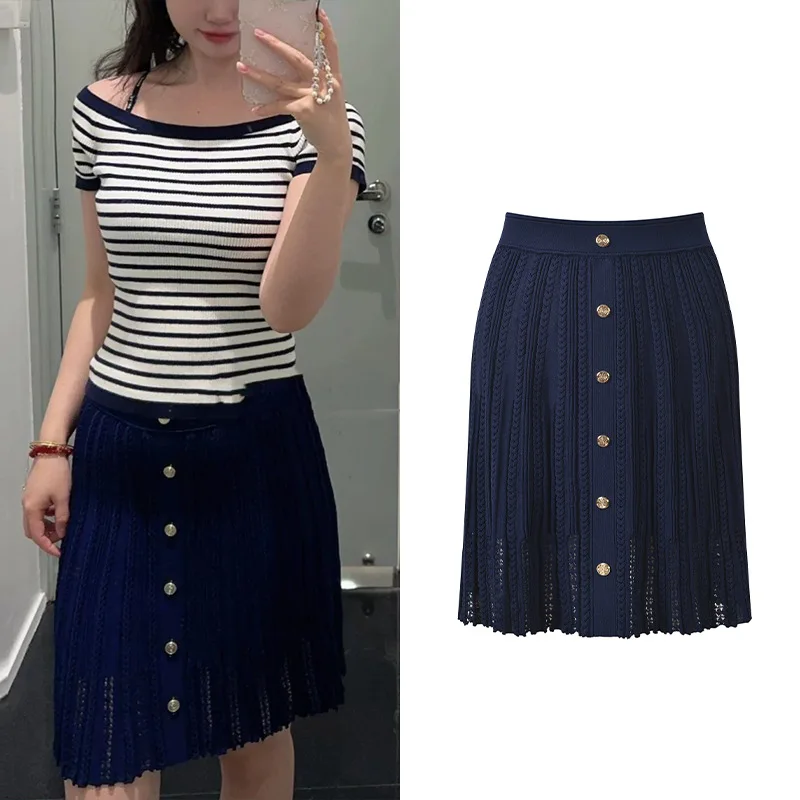 

High-End Version ort Knitted Skirt Deep Blue Faionable Ladies' Midi Skirt Single Button High Waist Euro-Sle Women'...