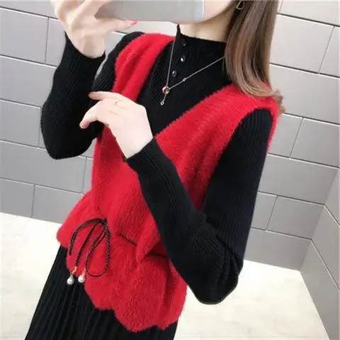 Xiaoxiangfeng Imitation Mink V-neck Vest Autumn Winter Women\'s New Collection Internet Famous and Stylish Goddess Knitted Vest