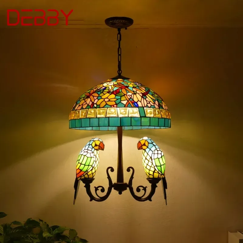 DEBBY Tiffany Parrot Chandelier Vintage Creative Color Glass Living Room restaurant Bedroom Hotel Corridor Pendant Lamp